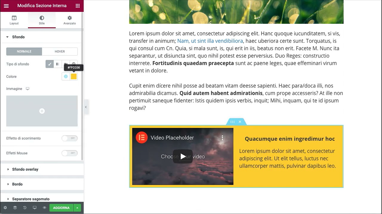 Esempio creazione articolo con Elementor