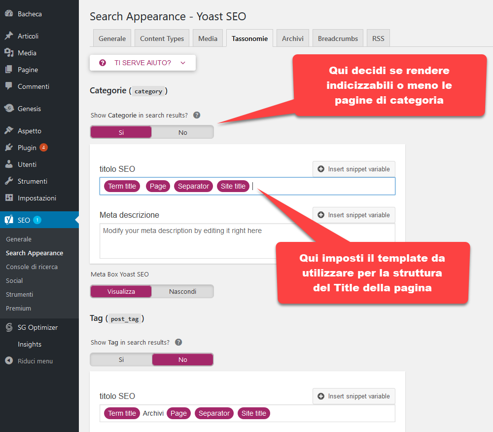 Impostazioni di Yoast SEO per le categorie e i tag