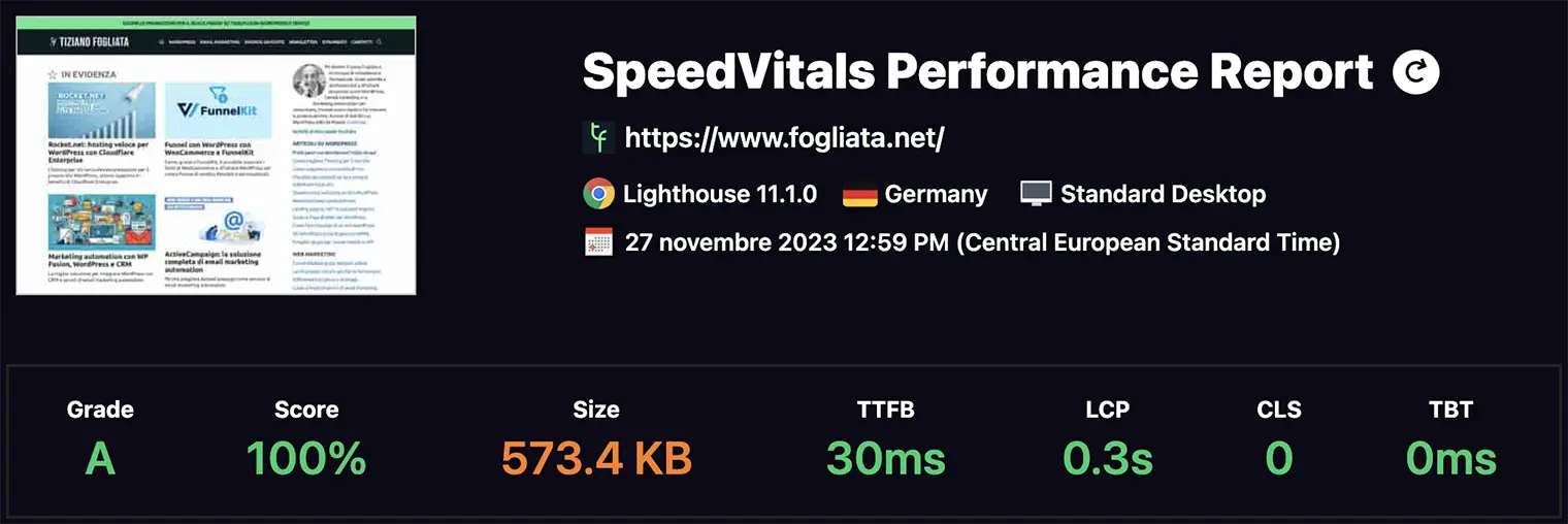 Risultati di un test eseguito con SpeedVitals