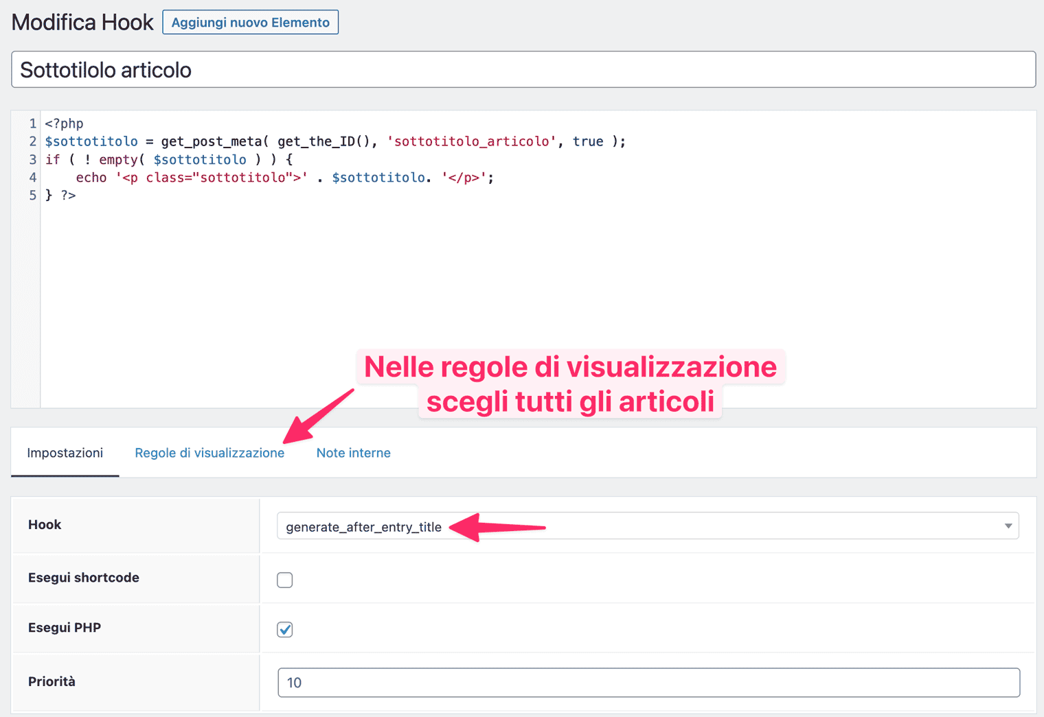 Elemento hook di GeneratePress che ti permette di inserire il campo personalizzato creato con ACF dopo il titolo degli articoli