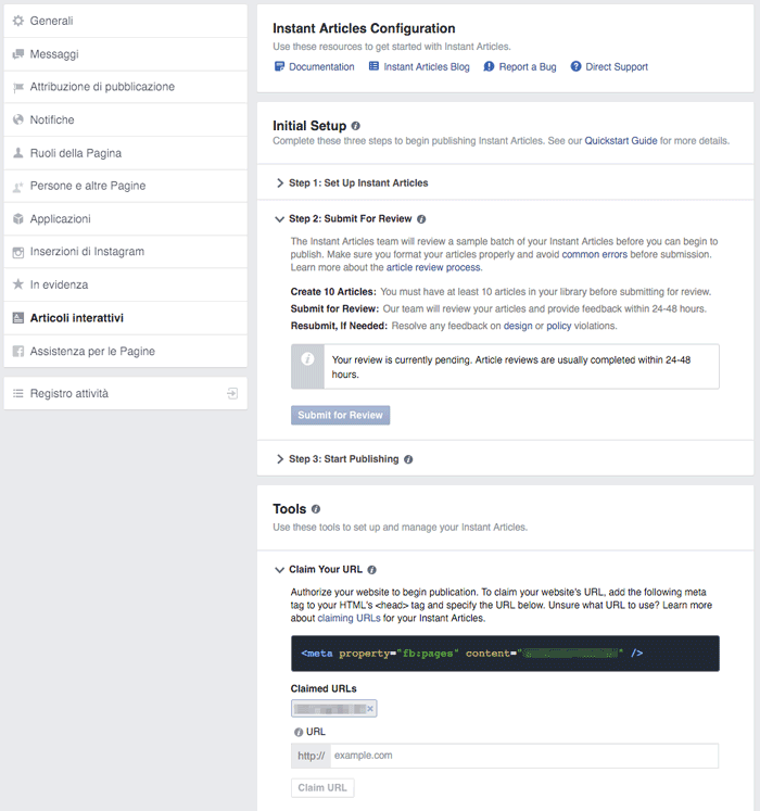 Configurazione della pagina Facebook per gli Instant Articles