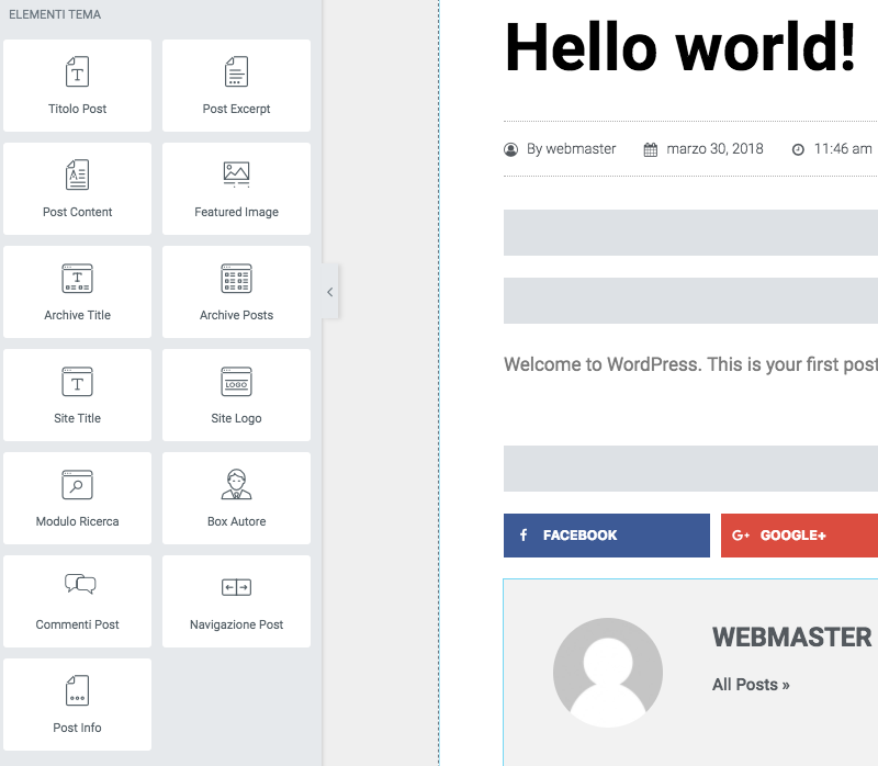 Elementi di un tema WordPress utilizzabili con Elementor Theme Builder