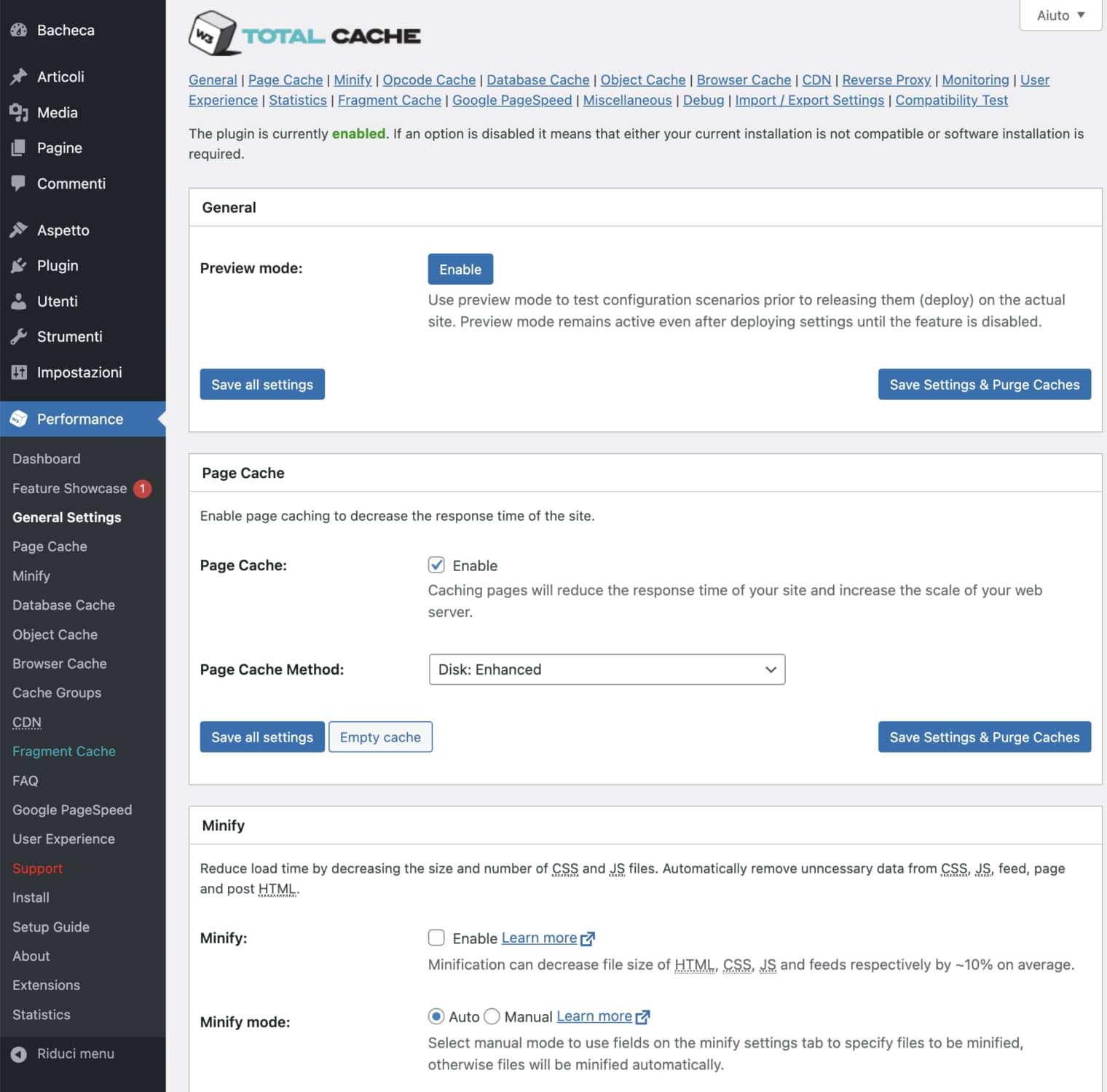 W3 Total Cache interfaccia di configurazione