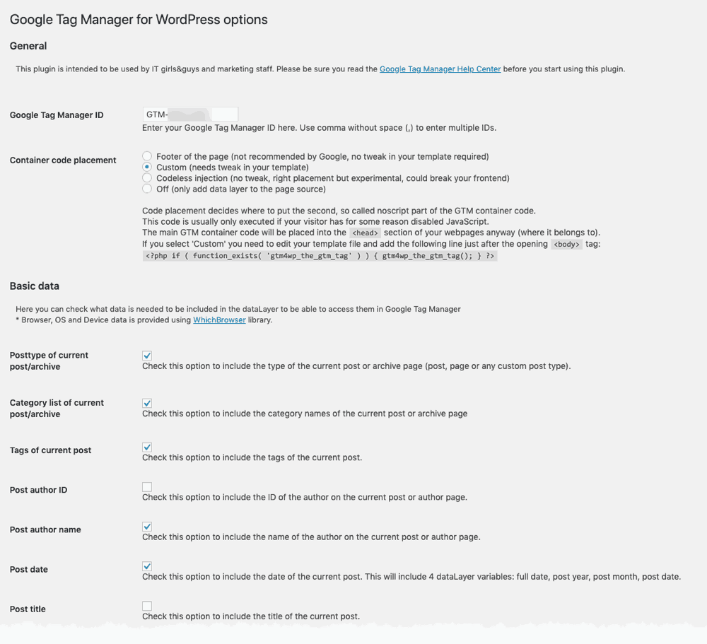 Configurazione del plugin Google Tag Manager for WordPress