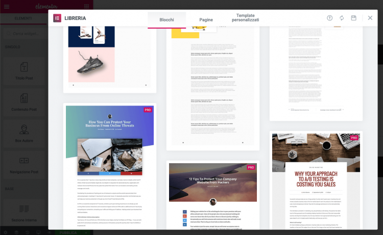 Ampia selezione di template nel Theme Builder di Elementor