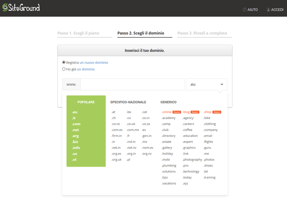 Registrare un dominio su SiteGround