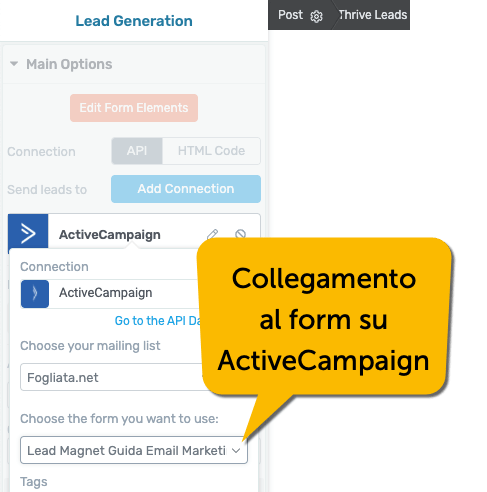 Collegare un opt-in form di Thrive Leads con ActiveCampaign