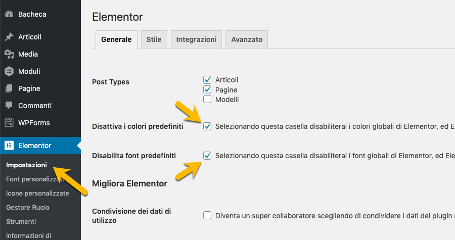 Disattivare i colori e i font predefiniti di Elementor