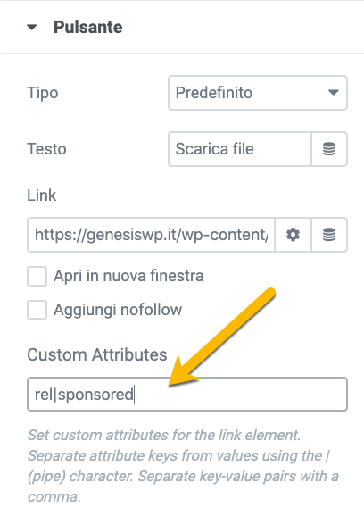 Attributi sponsored e ugc nei link su Elementor