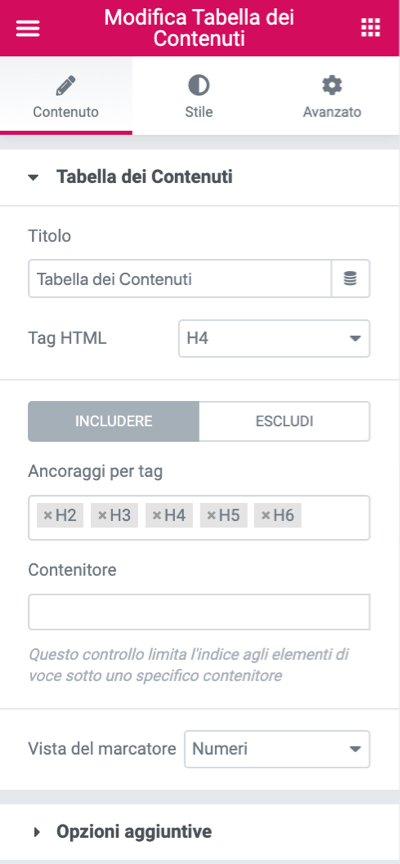 Tabella dei contenuti Elementor Pro