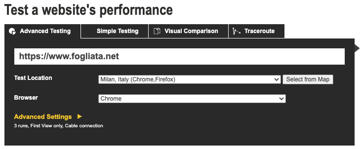 Test da Milano con WebPageTest