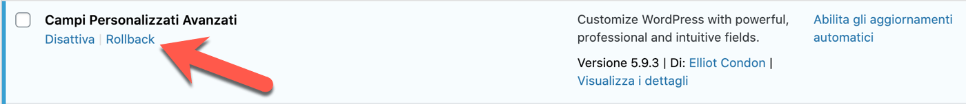 Utilizzo del plugin WP Rollback