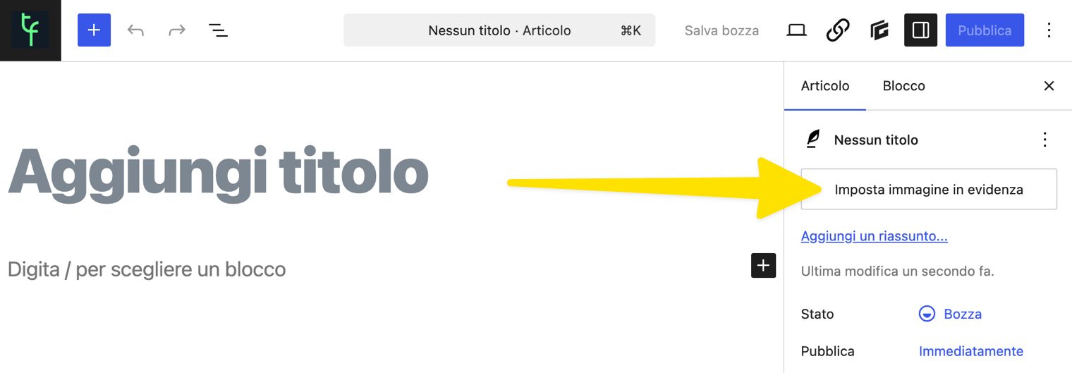 Interfaccia dell’editor a blocchi di WordPress con indicato il pulsante da cliccare per inserire un’immagine in evidenza
