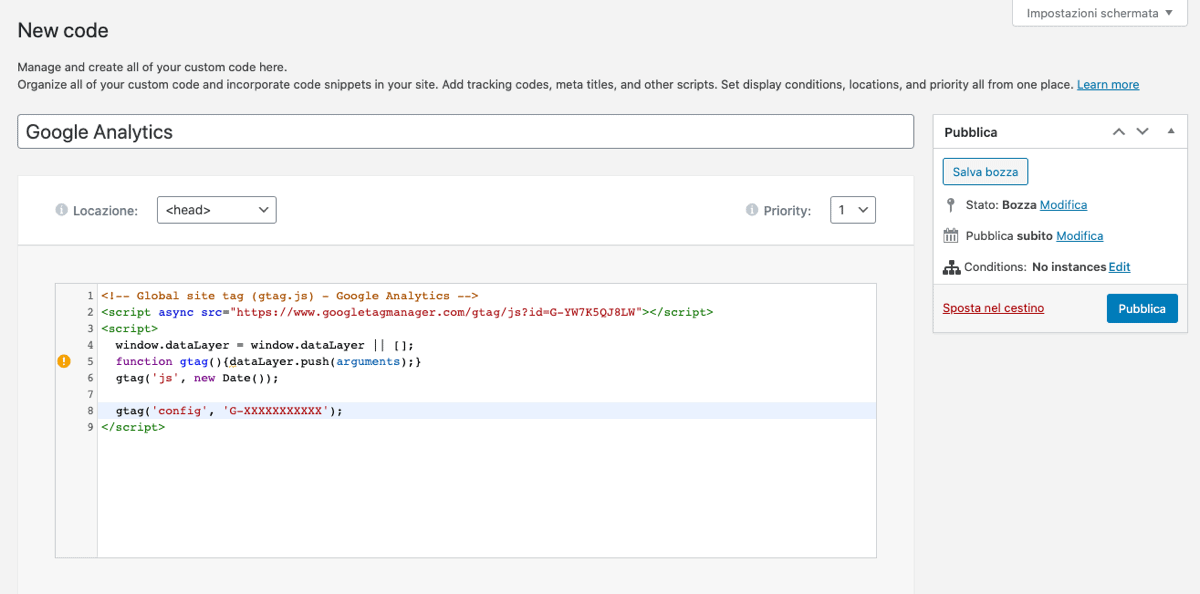 Codice di Google Analytics inserito tramite la funzione codice personalizzato di Elementor Pro