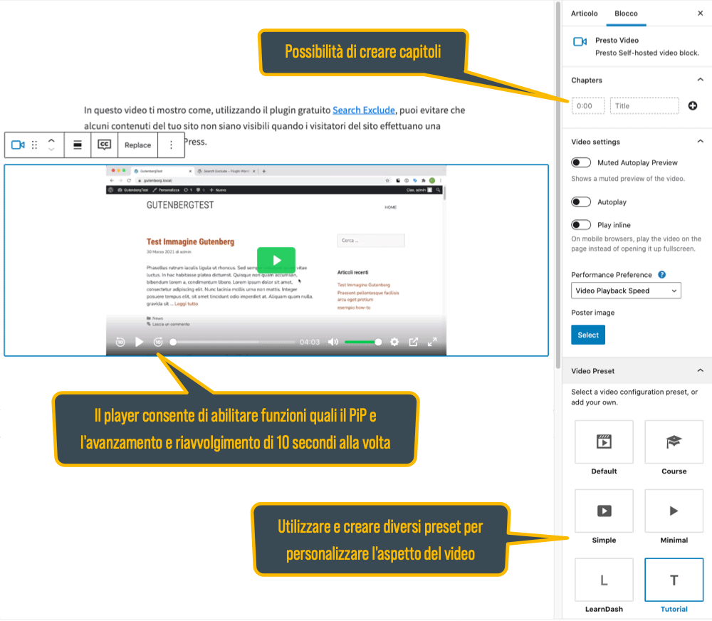 Presto Player con l'editor Gutenberg di WordPress