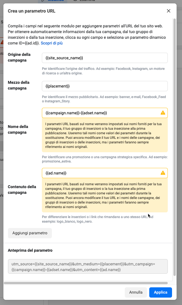 Creazione parametri per il tracciamento delle campagne Facebook