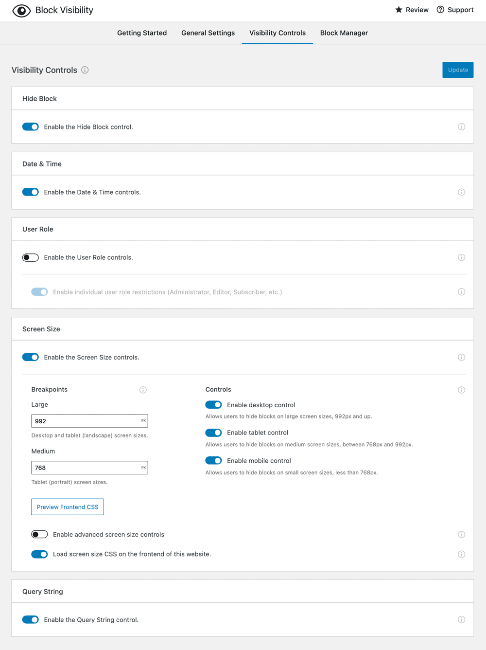 Altra pagina delle impostazioni del plugin Block Visibility