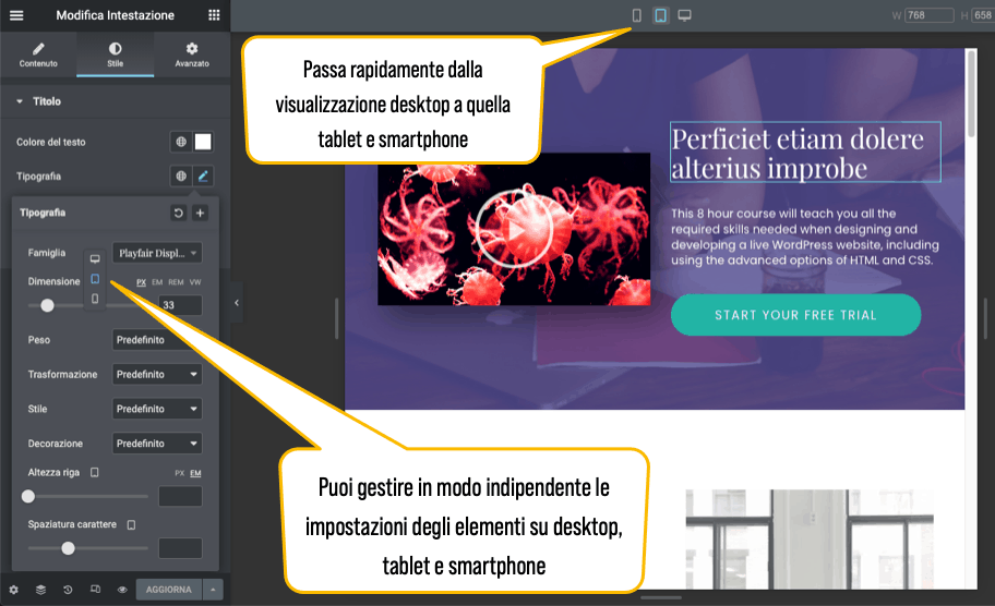 Gestione della modalità responsive con Elementor