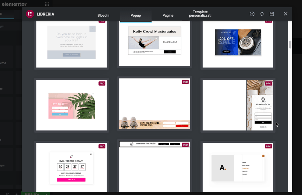 Alcuni dei template disponibili per i popup con Elementor