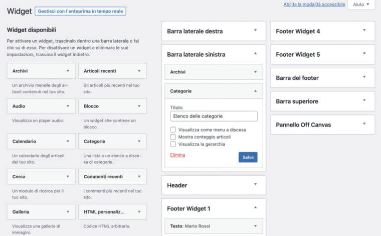 Gestione classica dei widget su WordPress