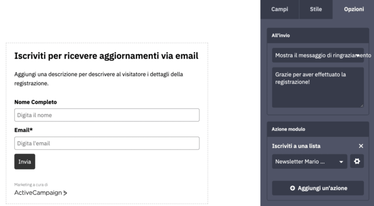 Interfaccia per la creazione di un form su ActiveCampaign