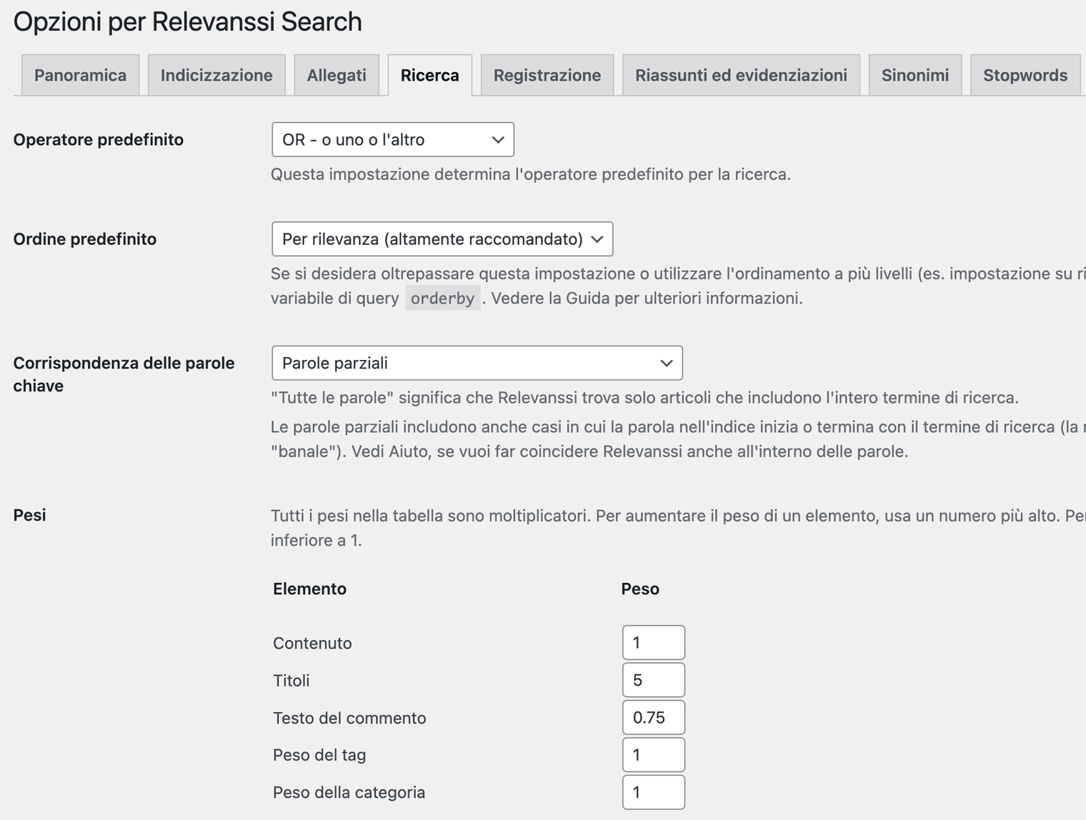 Relevanssi: dettaglio delle opzioni di ricerca dei contenuti