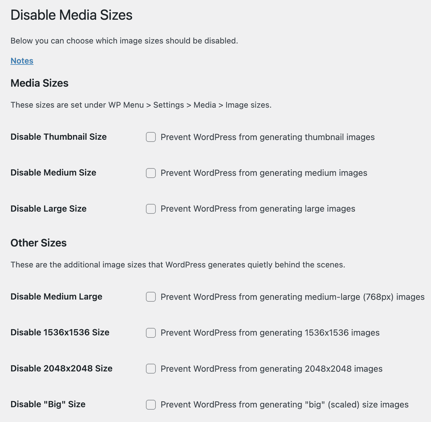 Impostazioni del plugin Disable Media Sizes