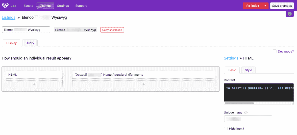 Creazione wysiwyg della lista dei risultati