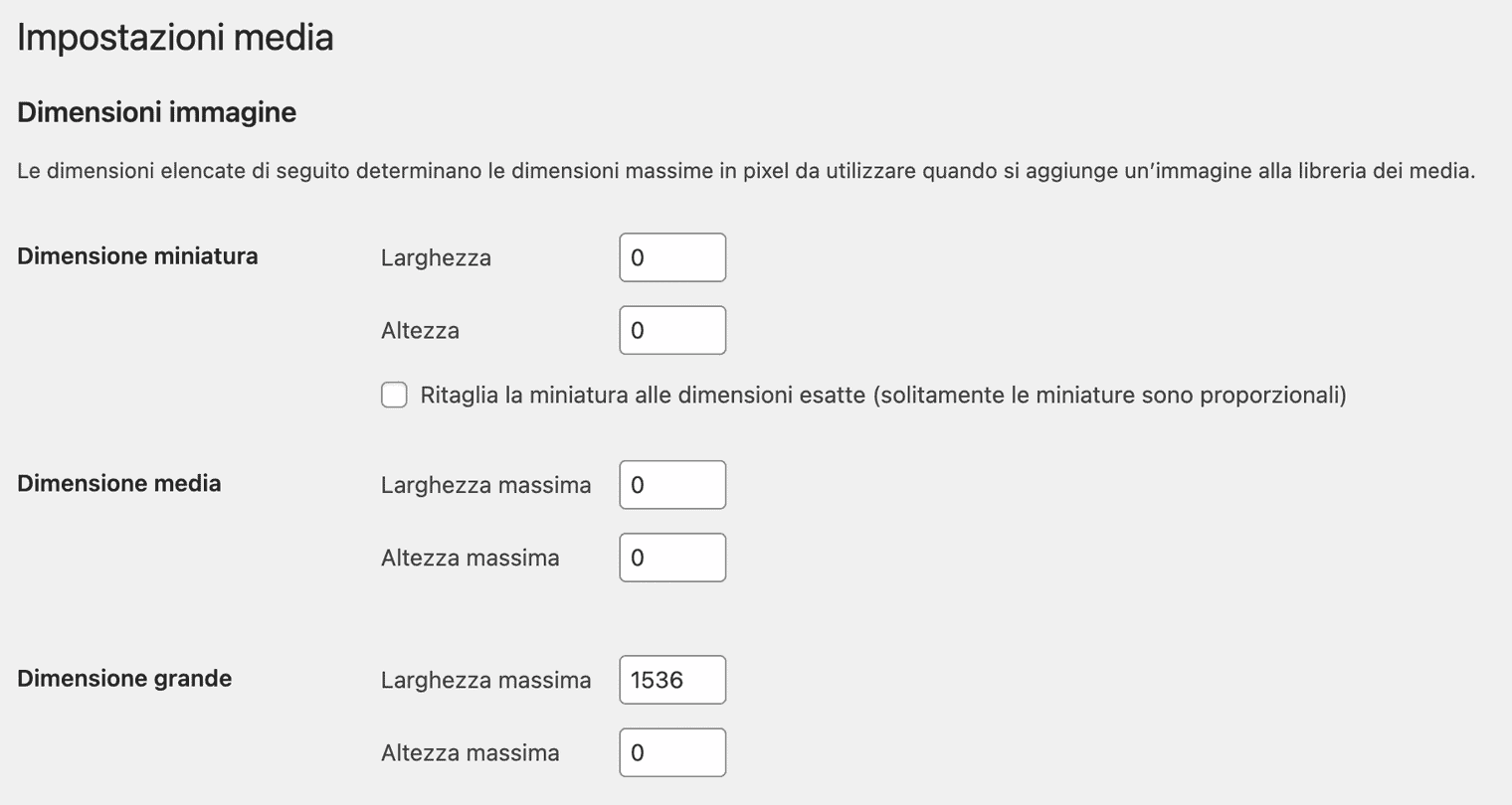 Impostazioni media di WordPress relative alle immagini