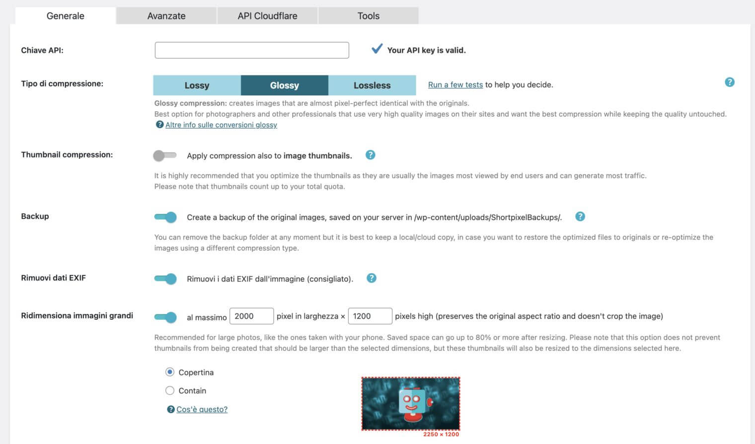 Interfaccia del plugin Shortpixel