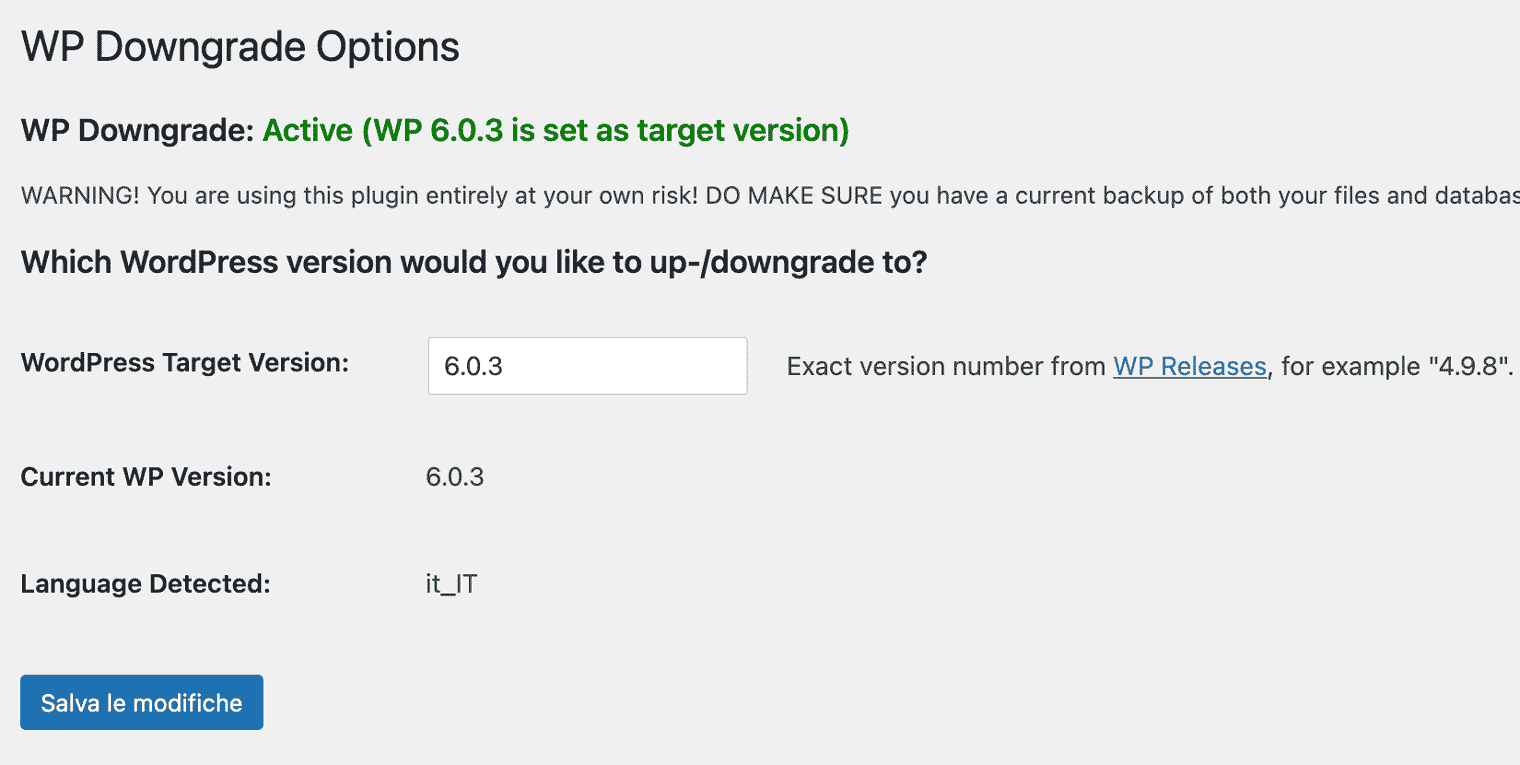 WP Downgrade plugin