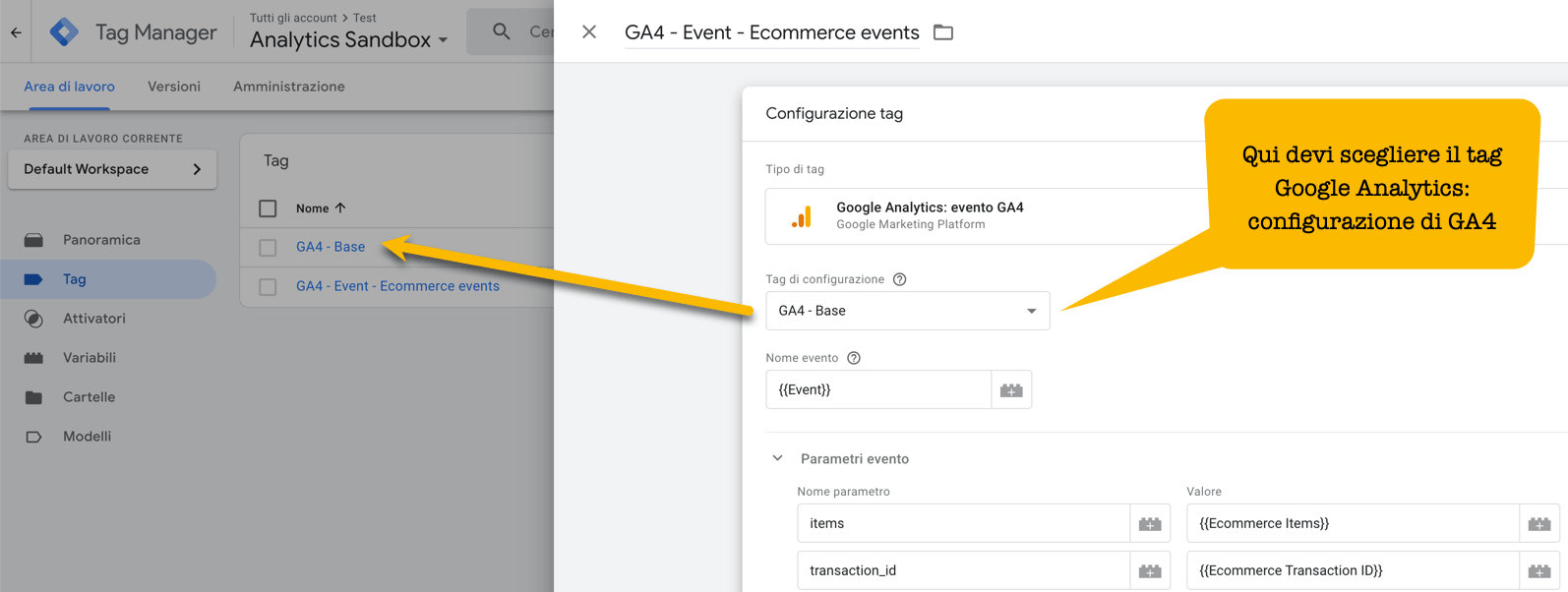 Collegamento con il tag di Google Analytics: configurazione di GA4 