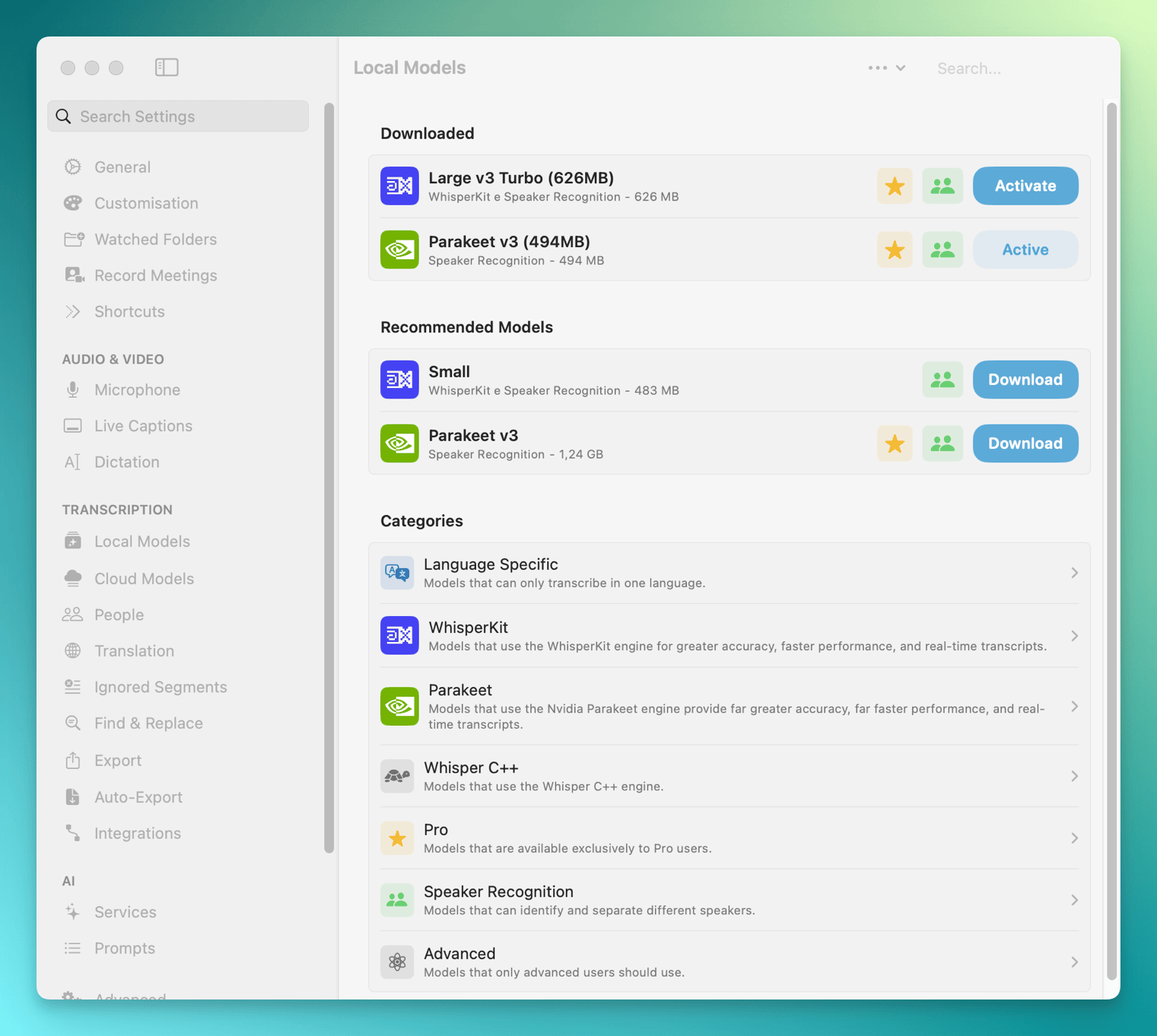 Selezione del modello di riconoscimento vocale da utilizzare con MacWhisper
