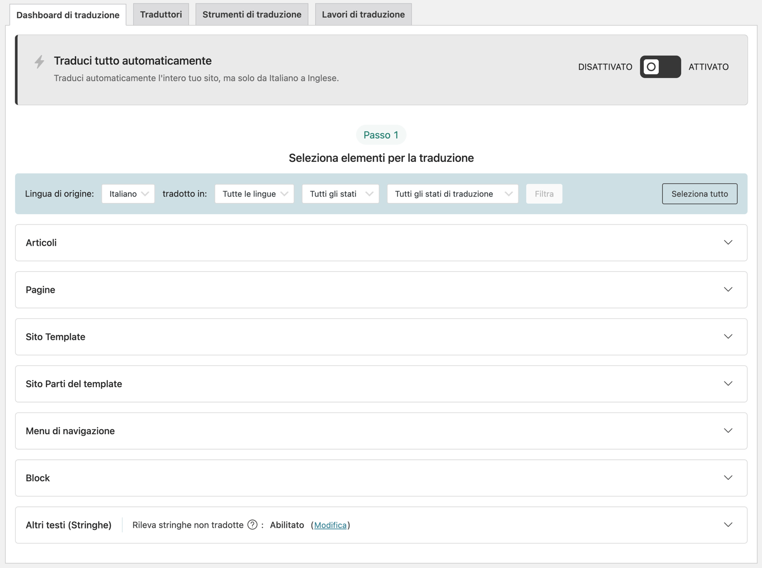 Screenshot che mostra la bacheca di traduzione del plugin WPML per permettere di tradurre articoli, pagine e altri contenuti di un sito WordPress.